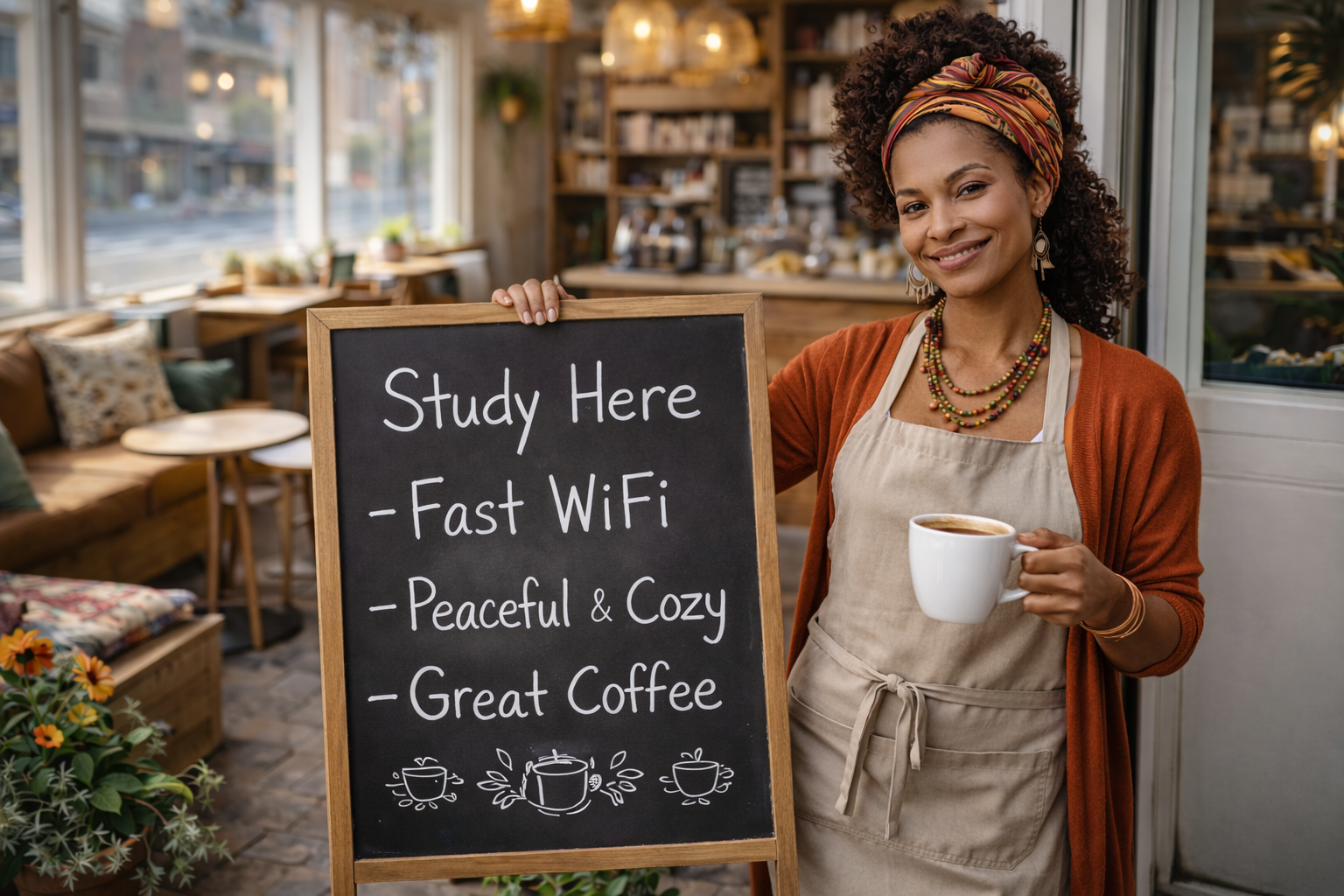 Smiling café owner standing outside holding a coffee and a chalkboard sign that reads: “Study Here – Fast WiFi – Peaceful & Cozy – Great Coffee.” The café interior looks inviting, with warm lighting and comfortable seating.