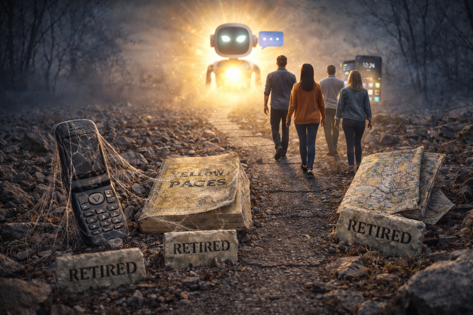People walking toward a glowing AI assistant, leaving behind outdated tools like a flip phone, Yellow Pages book, and paper maps marked "retired".